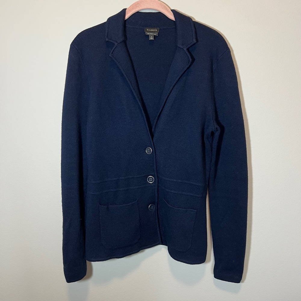 Talbots Navy Blue 100% Pure Merino Wool Cardigan Sweater Blazer Women's Small